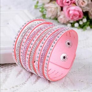 Faux Suede Pink Multi strand Wide Crystal Studded Goth Glam style Bracelet